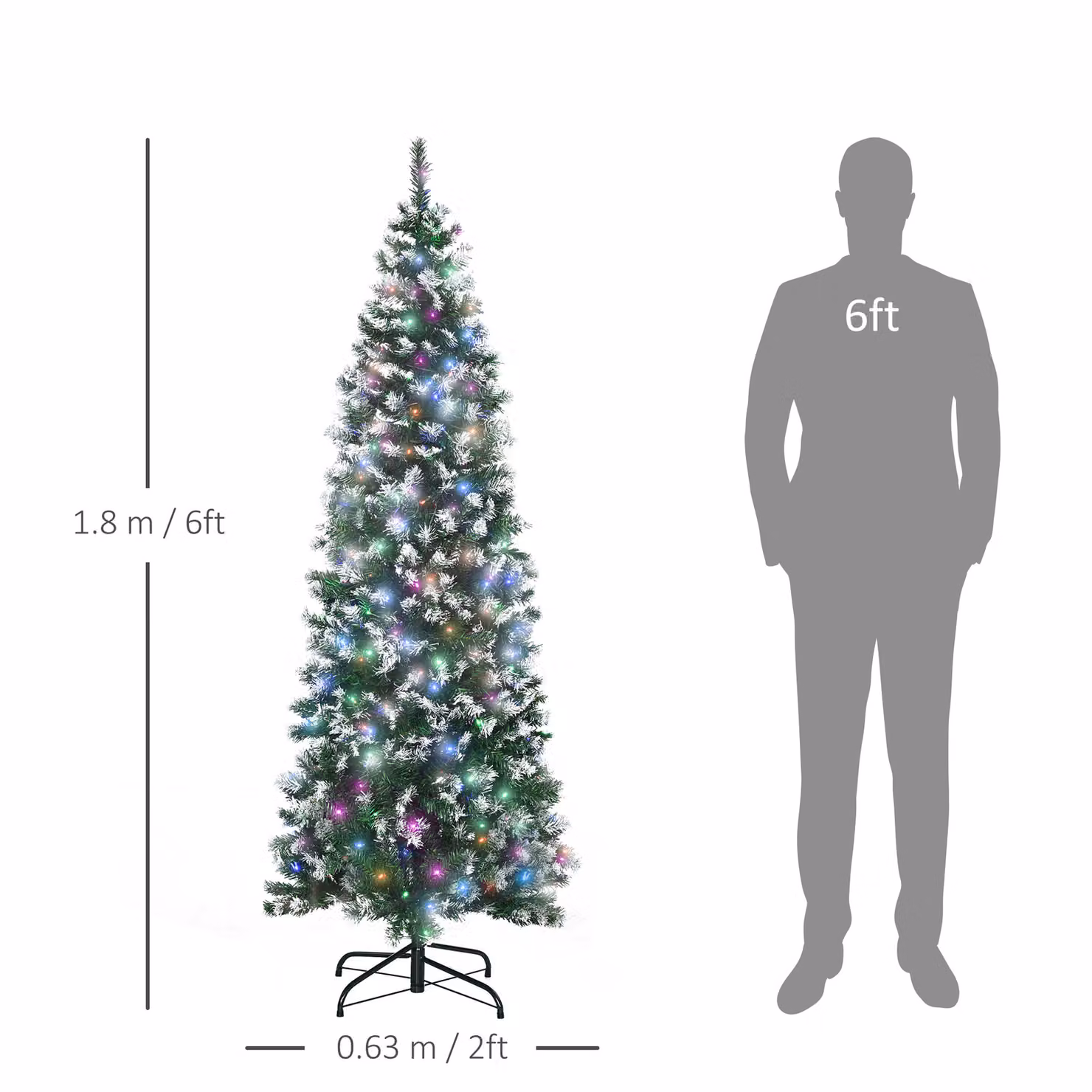 HOMCOM 6ft Tall Slim Pencil Artificial Christmas Tree with 300 Multicolour LED Lights and 618 Tips, Green – 3
