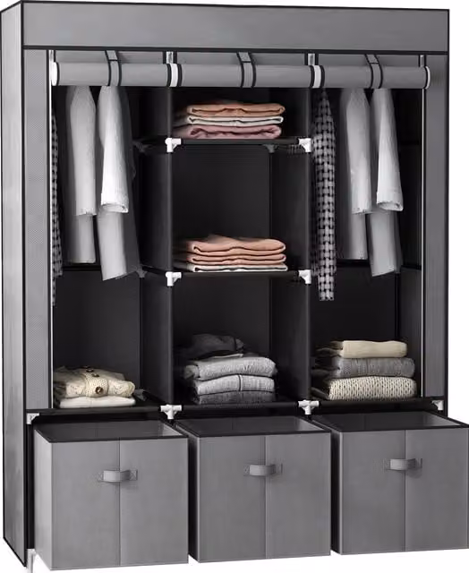 HOMCOM Portable Fabric Wardrobe with 5 Shelves, 2 Hanging Rails and 3 Drawers, Dark Grey, W: 125 cm, D: 43 cm, H: 162.5 cm – 1