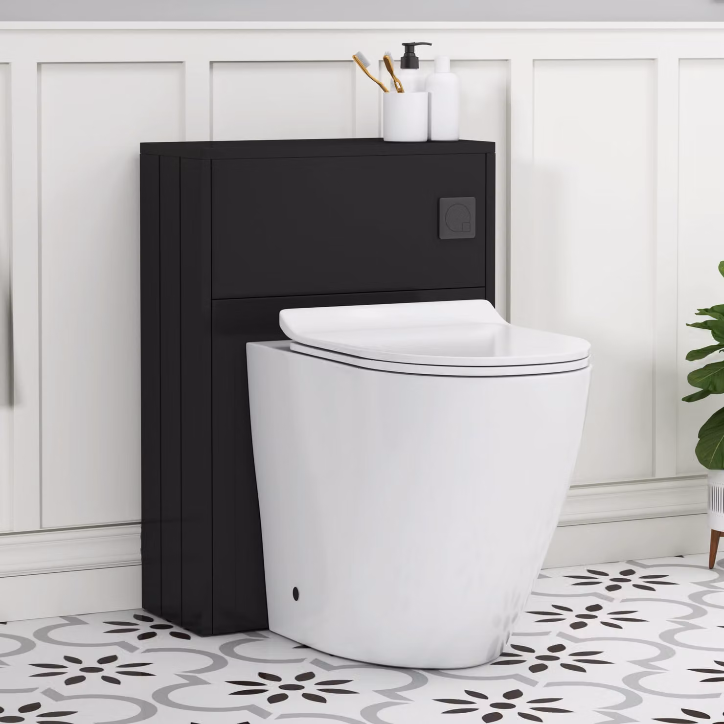 Royal Bathrooms Elmore Matte Nocturne Black BTW WC Unit with Elva Rimless Short Projection Toilet Pan, Slim Seat and Cistern, Width: 55 cm