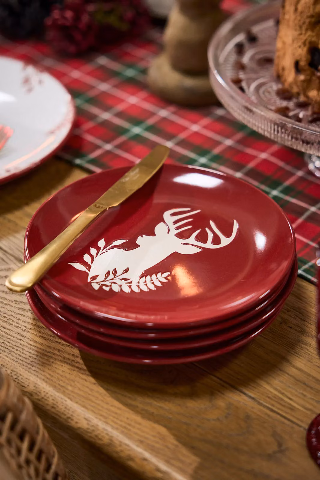Dibor Set of 6 Red and White Ceramic Christmas Stag Side Plates, Diameter: 21 cm – 2