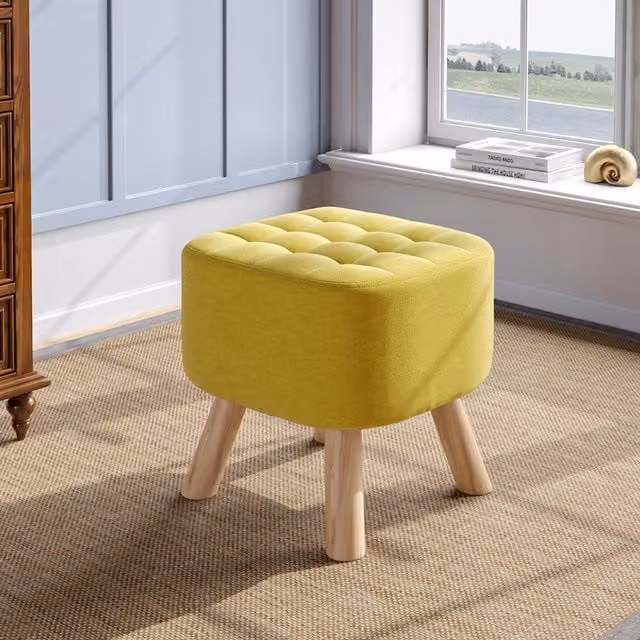 Livingandhome Yellow Linen Fabric Square Padded Footstool with Wooden Legs
