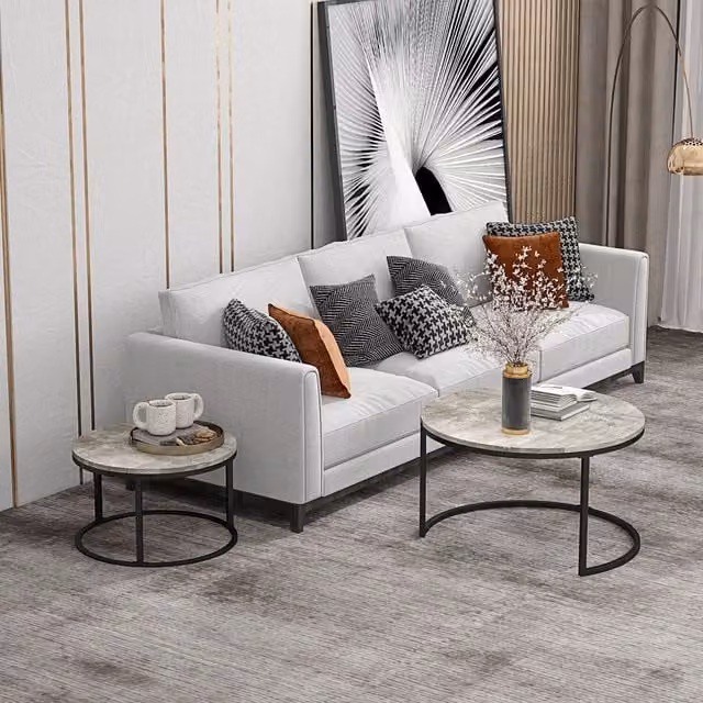 HOMCOM 2 Piece Stacking Coffee Table Set with Round Marble Tops and Metal Sled Base in Grey