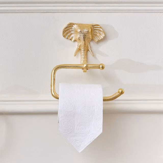 Melody Maison Metallic Gold Elephant Wall Mounted Toilet Roll Holder W: 18 cm, H: 19 cm
