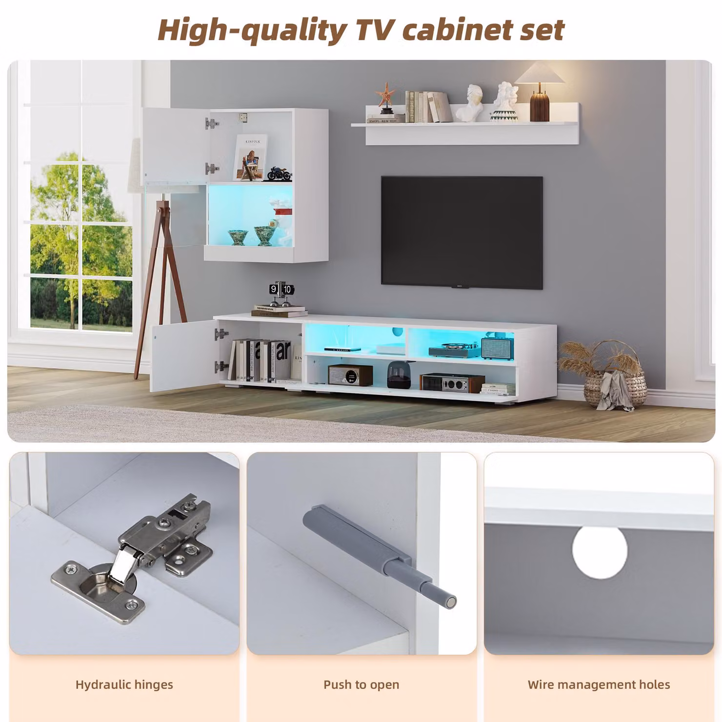 Aosom UK 3-Piece High-Gloss White TV Wall Unit Set with Integrated LED Lighting, W/D/H: 175 x 39 x 34 cm – 3