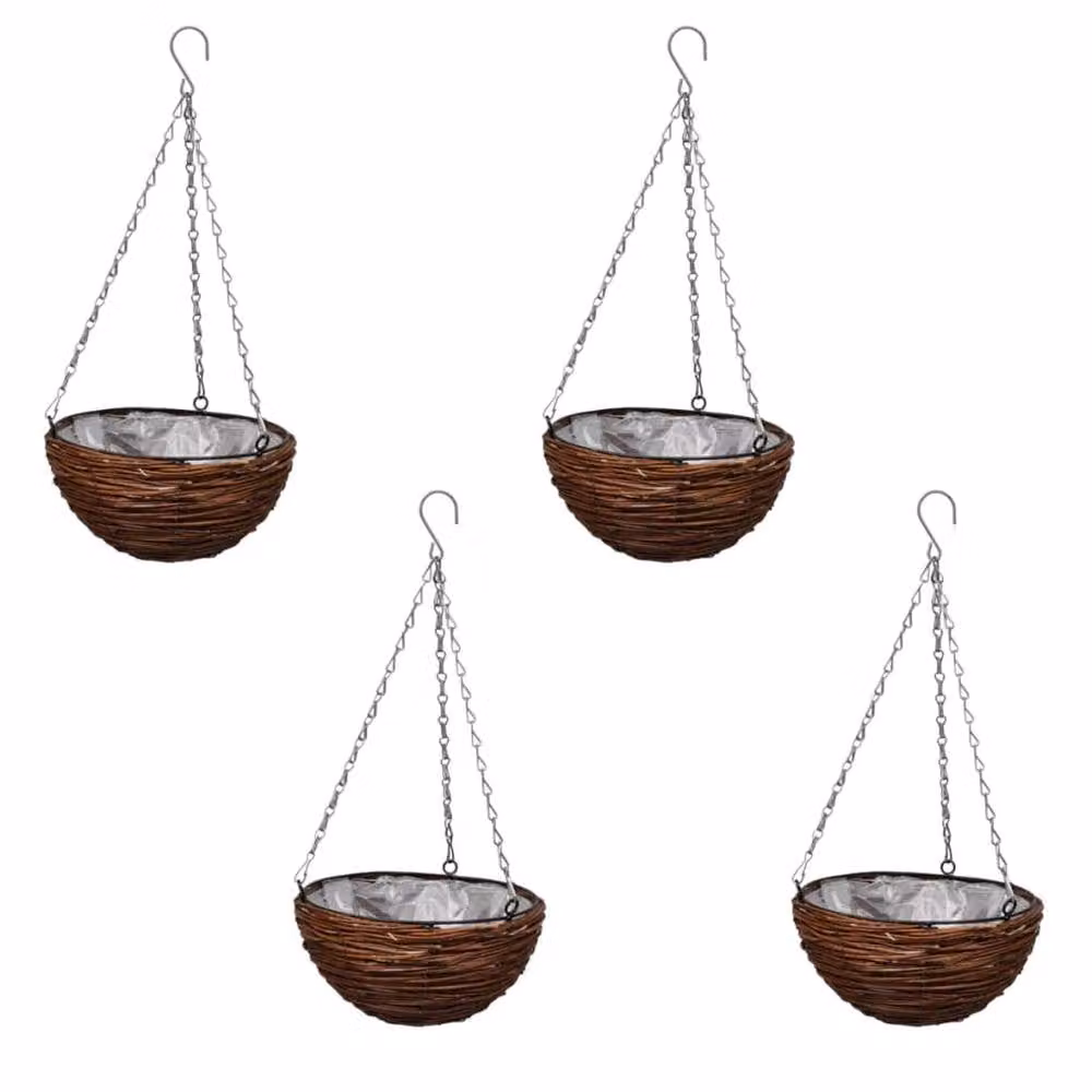 Berkfield Home Set of 4 Hanging Round Willow Planter Baskets with Liners and Chains in Brown – 2