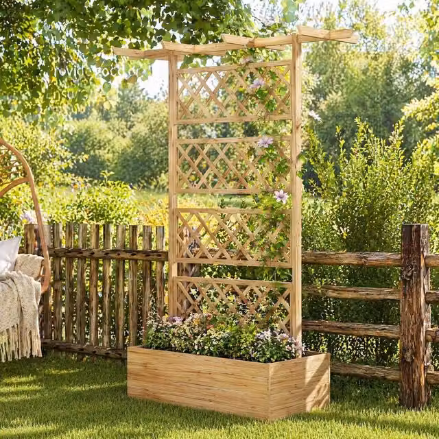 STILVORA Natural Wood Raised Planter Box with Trellis and Roof in Brown – 1