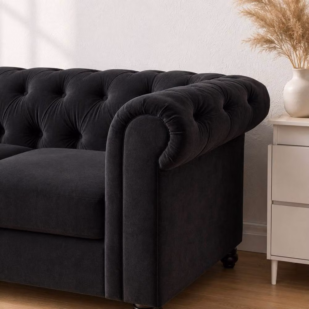 Sofaya Hampton 4 Seater L Shape Chesterfield Sofa in Black Velvet with Left Hand Chaise – 4