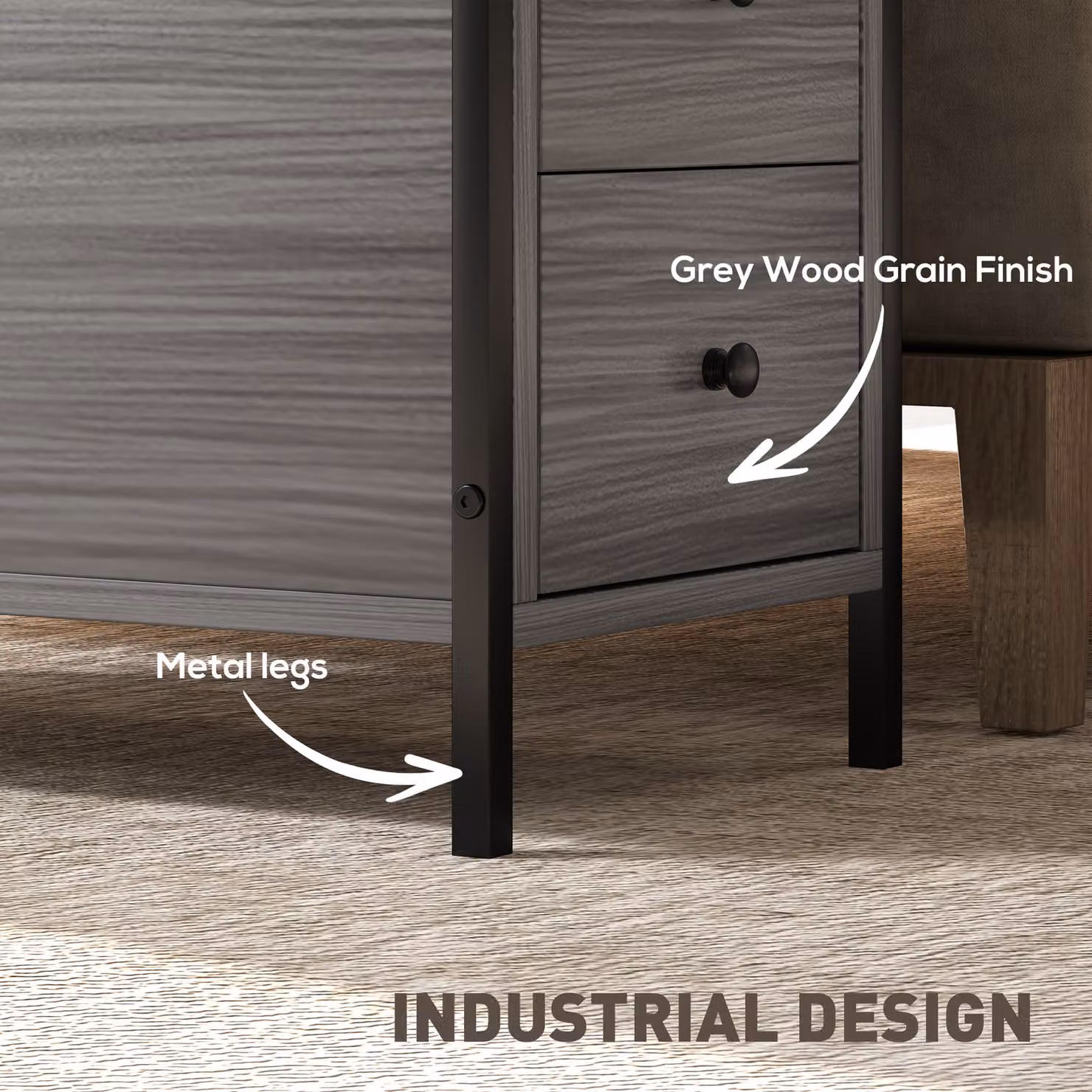 HOMCOM Industrial Side Table with 2 Drawers and Storage Shelf in Grey Wood Grain and Metal Frame – 5