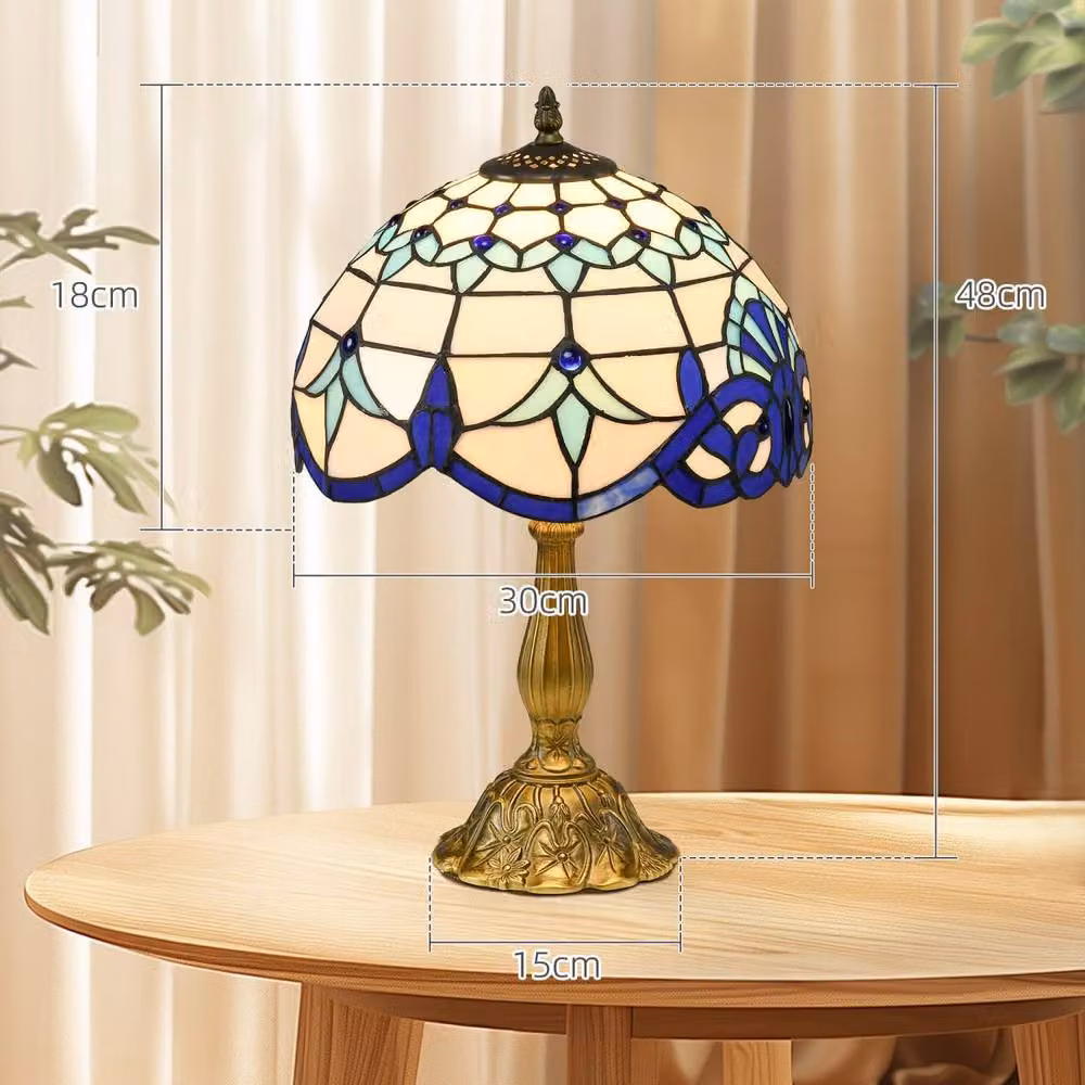 Wyld Haus Repatto Blue and White Handcrafted Stained Glass Table Lamp with Gold/Brass Metal Base, H 48 cm x W 30 cm x D 30 cm – 3