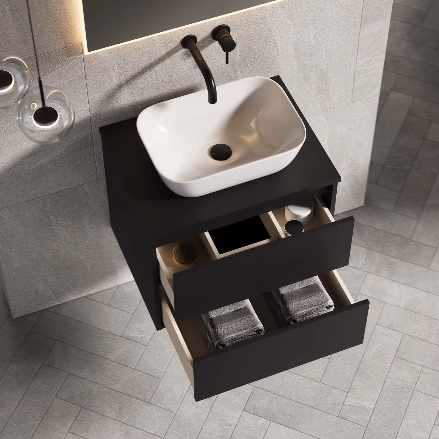 Banyetti Venti 600mm Wall Hung Vanity Unit with Matching Worktop in Matt Black – 3