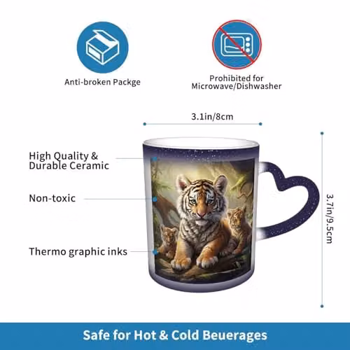 Oudrspo Jungle Tigers Cub Heat Sensitive Colour Changing Ceramic Coffee Mug, Blue, 12 oz – 4