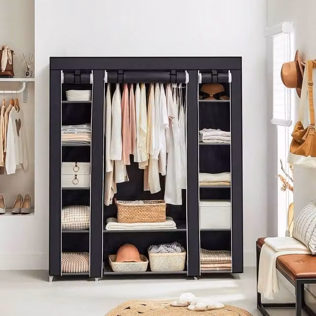 The Bazaarist Portable Fabric Wardrobe with Metal Frame and Roll Shutter Cover, Black, H 175.0 cm x W 150.0 cm – 1