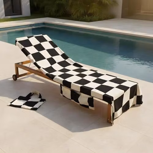 OHS Black and White Checked Microfibre Beach Towel with Bag, Quick-Drying and Absorbent, W: 75 cm, L: 215 cm – 1