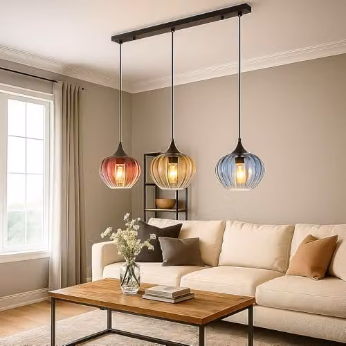 Globo Lighting Modern Bar Pendant Light with Multicolour Glass Shades and Black Metal Finish, 3x E27 Bulbs, Height Adjustable – 3