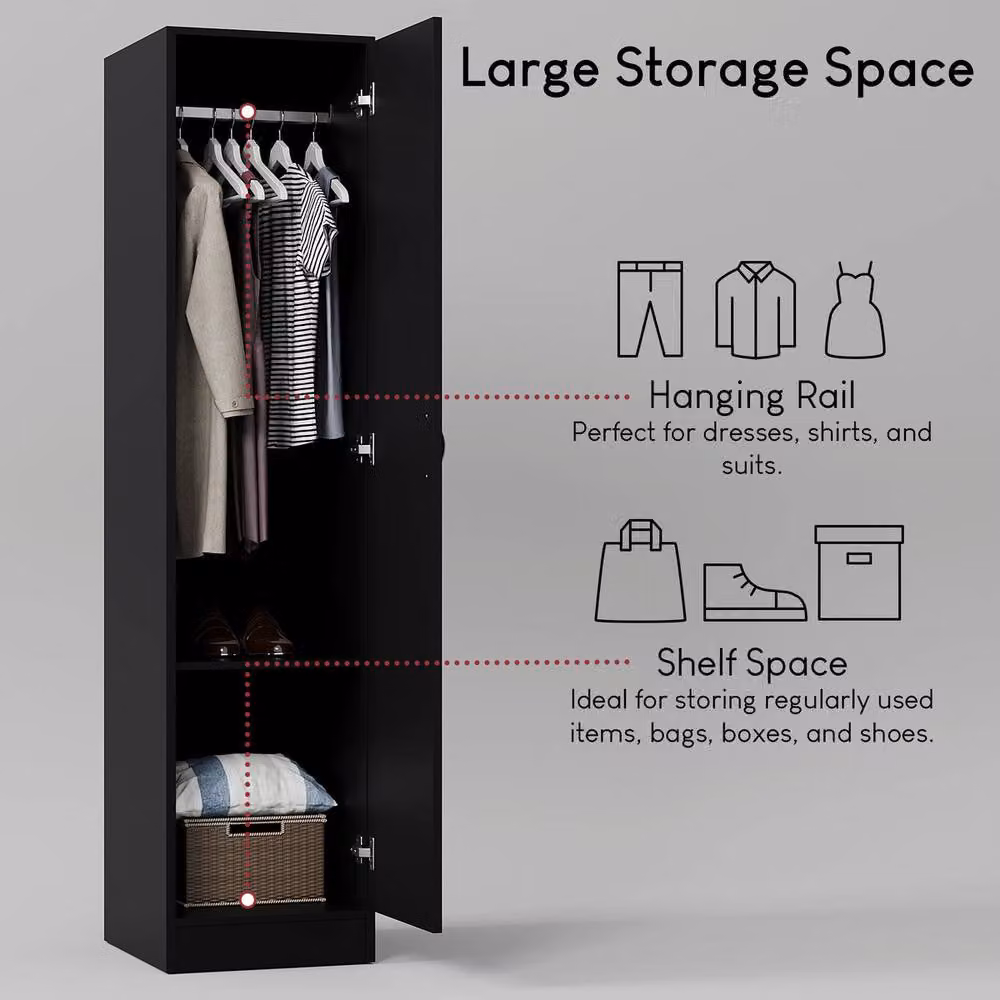HD Designs Riano Modern 1 Door Wardrobe in Matt Black with Hanging Rod and Internal Shelves – 4