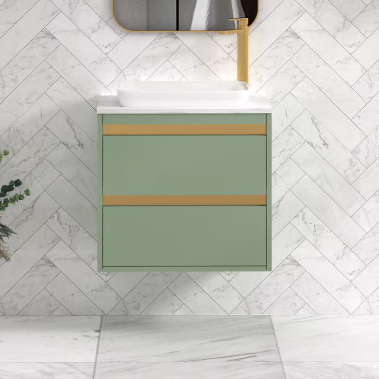 Royal Bathrooms Orion 800mm Mint Sage Wall Hung Vanity Unit with Qubix Basin and Brushed Brass Accent Trim
