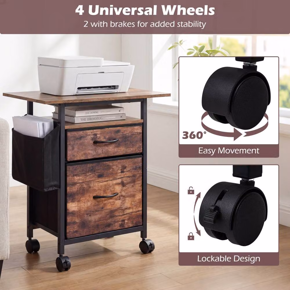 Costway 2-Drawer Mobile File Cabinet and Rolling Printer Stand with Side Bag in Brown – 5