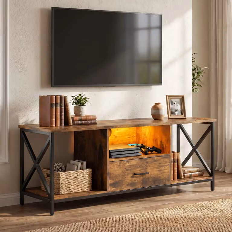 Calvera Industrial LED TV Stand with Storage in Black and Brown, W: 140 cm, D: 41 cm, H: 53 cm