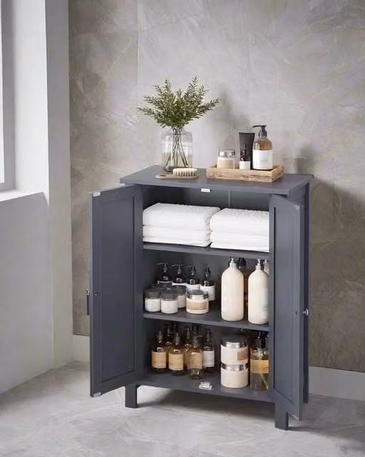 Modcraft Grey Freestanding Bathroom Storage Cabinet with Hinged Doors and Internal Shelves, W/D/H: 30 x 30 x 80 cm – 1