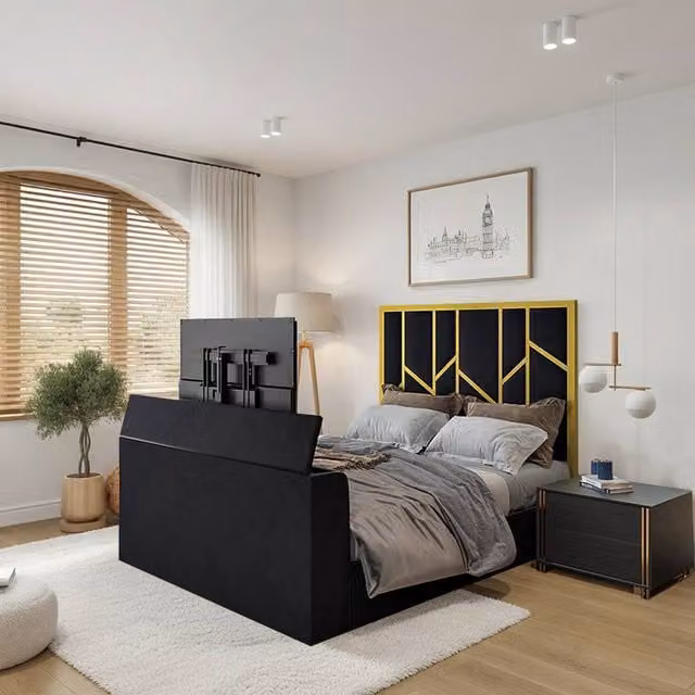 KDMD Aldfield Luxe Upholstered King Size Television Bed Frame in Gold and Black Velvet – 1
