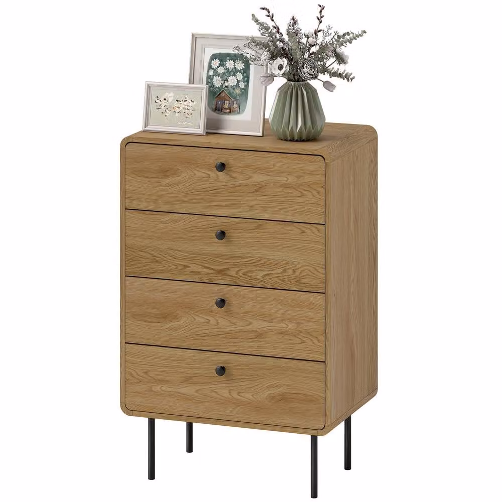 STILVORA Modern 4 Drawer Chest of Drawers in Light Oak Effect with Black Metal Accents – 2