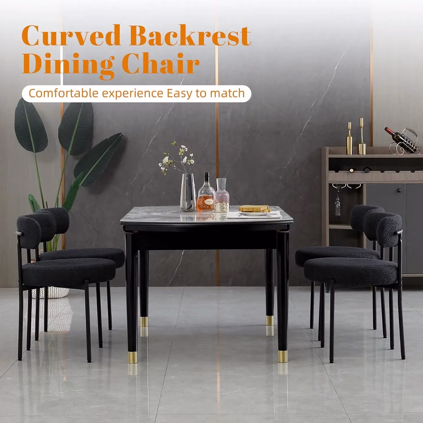 Xample Set of 2 Mid-Century Dining Chairs in Black Bouclé Fabric with Metal Legs, H 76 x W 50 x D 53 cm – 4
