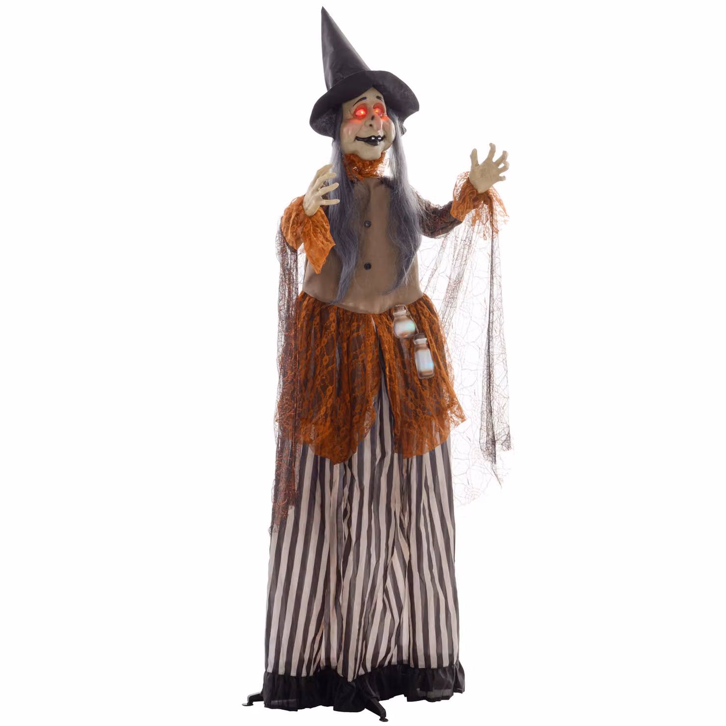 HOMCOM 183 cm Life Size Animated Fat-Faced Witch Halloween Decoration with Red Light Up Eyes and Sound Activated Moving Arms and Head, Multicolour – 2