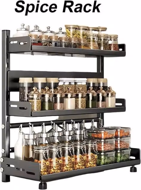 EONLION 3 Tier Metal Spice Rack and Oil Bottle Holder, Black, Width: 100 cm – 1