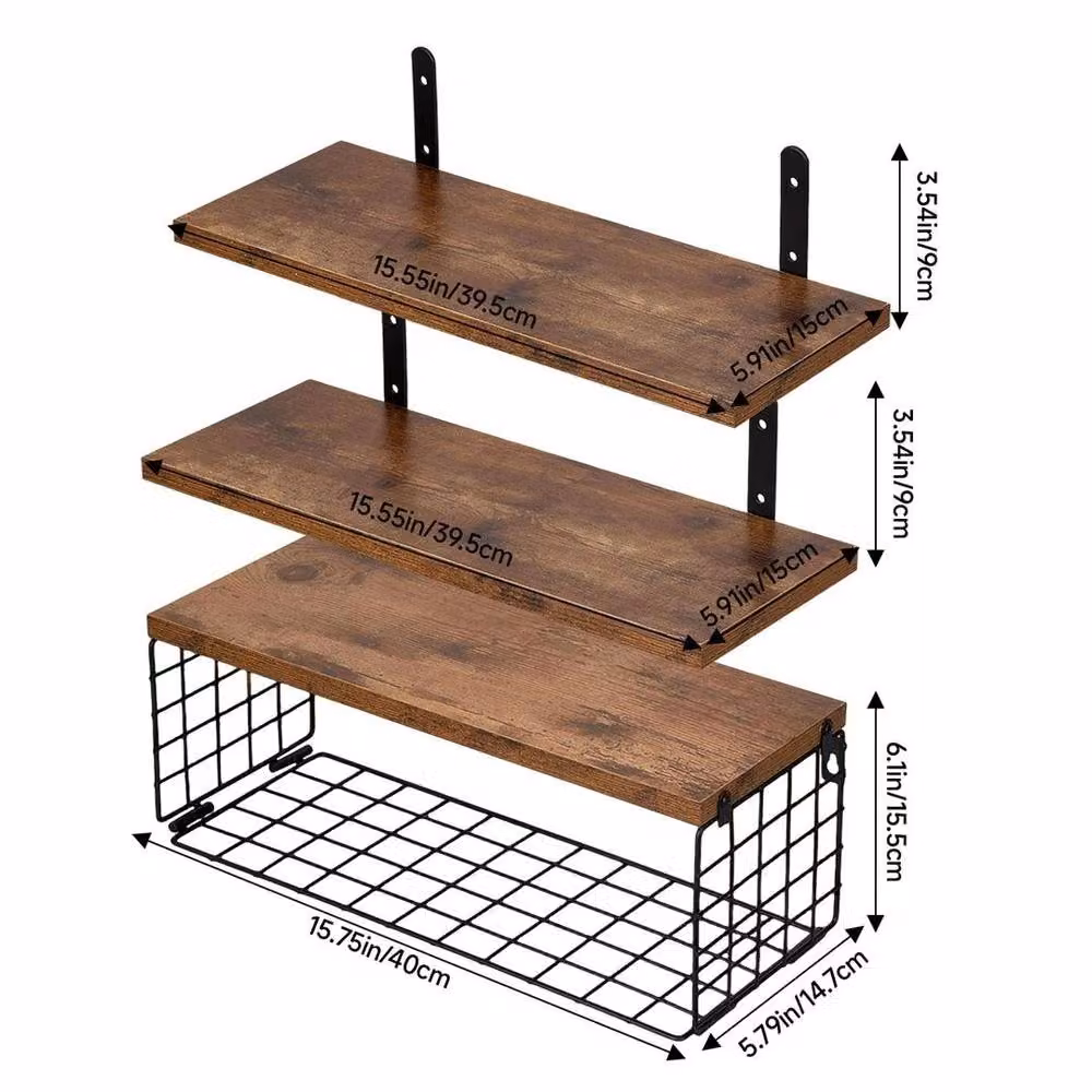 Kelvenix Brown Industrial Wall Mounted Floating Storage Shelves with 3 Shelves and 1 Basket – 2