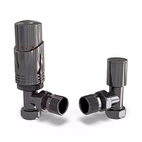 UK Radiators Talus Bold Modern Thermostatic Radiator Valve and Lockshield Set in Black Nickel with 1/2BSP 8mm Angled Connection