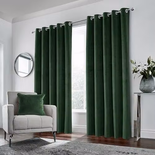 Enhanced Living Green Velvet Blackout Thermal Eyelet Curtains, W: 168 cm, H: 229 cm