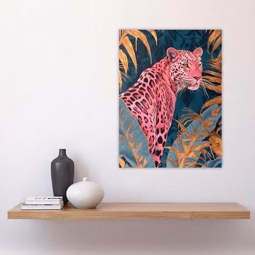 Artery8 Elegant Pink Leopard Tropical Jungle Wall Art Poster Print in Blue and Gold, 18 x 24 Inch – 4
