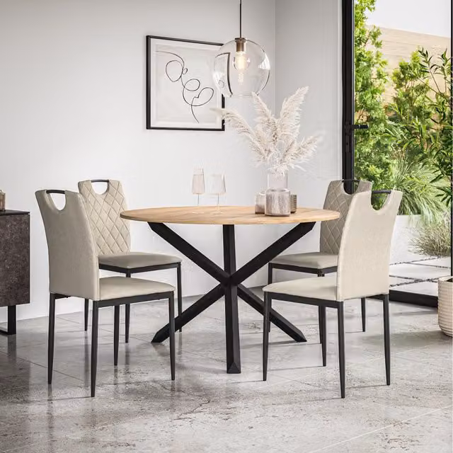 More4Homes Malvern Round Oak Effect Dining Table Set with 4 Monza Chairs in Beige and Black