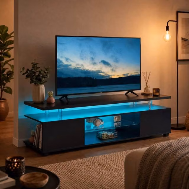 STILVORA Modern TV Stand with Storage and LED Lighting in Black and Multicolour