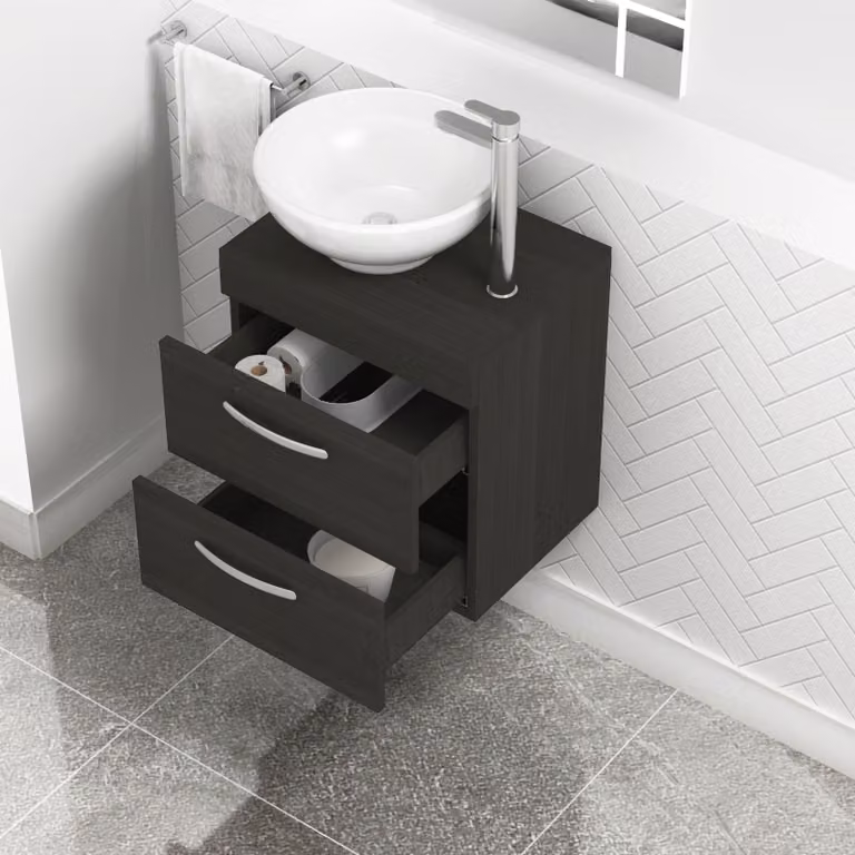 Royal Bathrooms Hale Wall Hung Vanity Unit with 2 Drawers and Breeze Countertop Basin, Black, Width: 50 cm