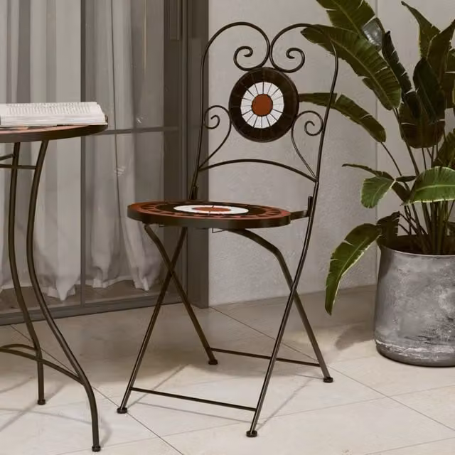Berkfield Home Bistro Chairs Set of 2, Foldable Ceramic and Metal Chairs in Orange and White – 1