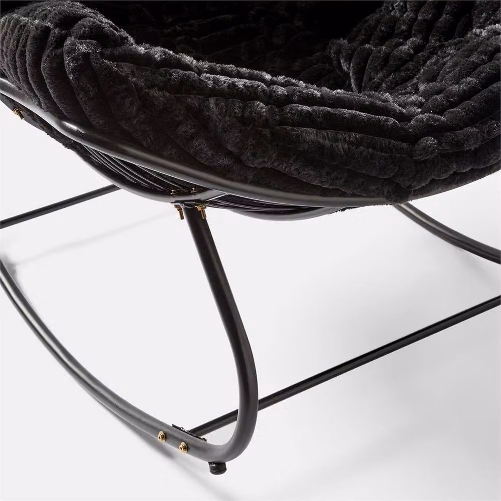PAWNORA Modern Faux Fur Upholstered Rocking Chair with Metal Frame in Black – 2