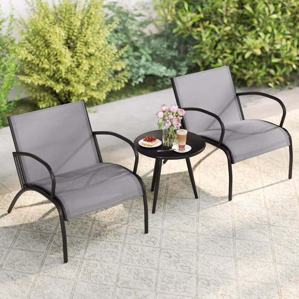 Gymax 3 Piece Metal Patio Furniture Set with Round Coffee Table and Wide Armchairs in Grey – 5