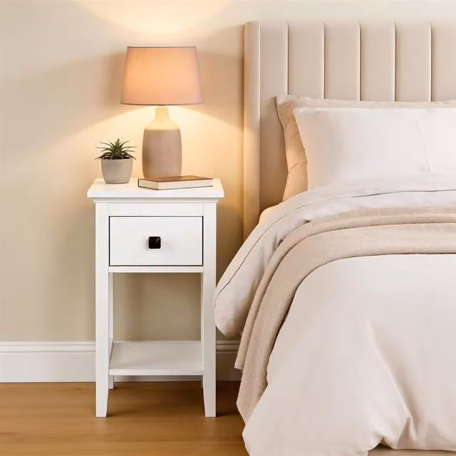 Home Source White MDF 1 Drawer Bedside Table, Height: 55 cm