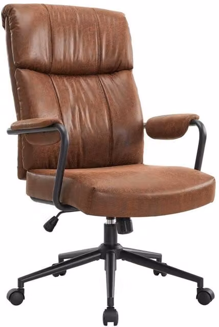 KORVIXA Mid Century Ergonomic Office Chair in Brown Synthetic Leather with Headrest and Armrests – 1