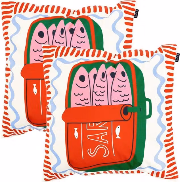 ICON 2 Pack Sardine Print Square Cushions, Multicolour, W/D/H: 43 x 43 x 43 cm