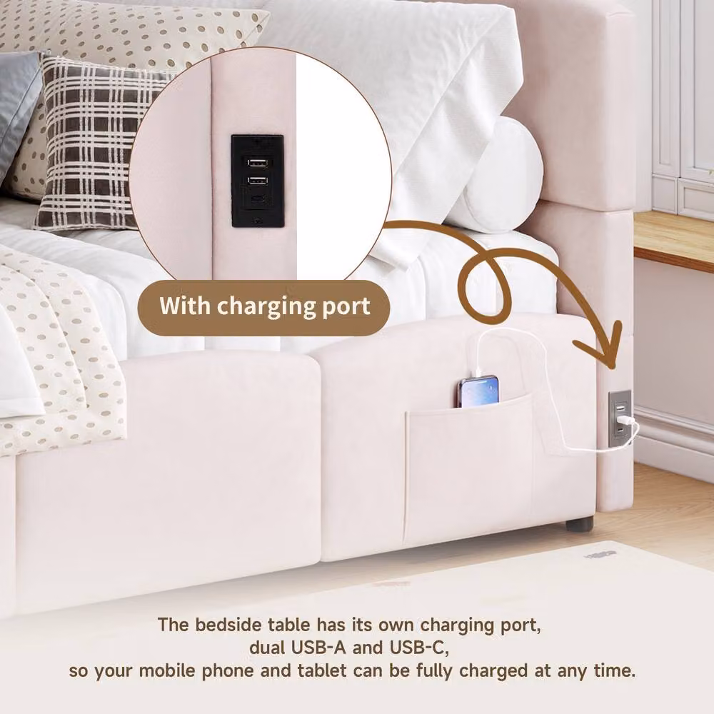 Matteo Pink Velvet Upholstered Single Sofa Bed with USB Charging Port and Lift-Up Storage Base, W: 90 cm, L: 190 cm – 2