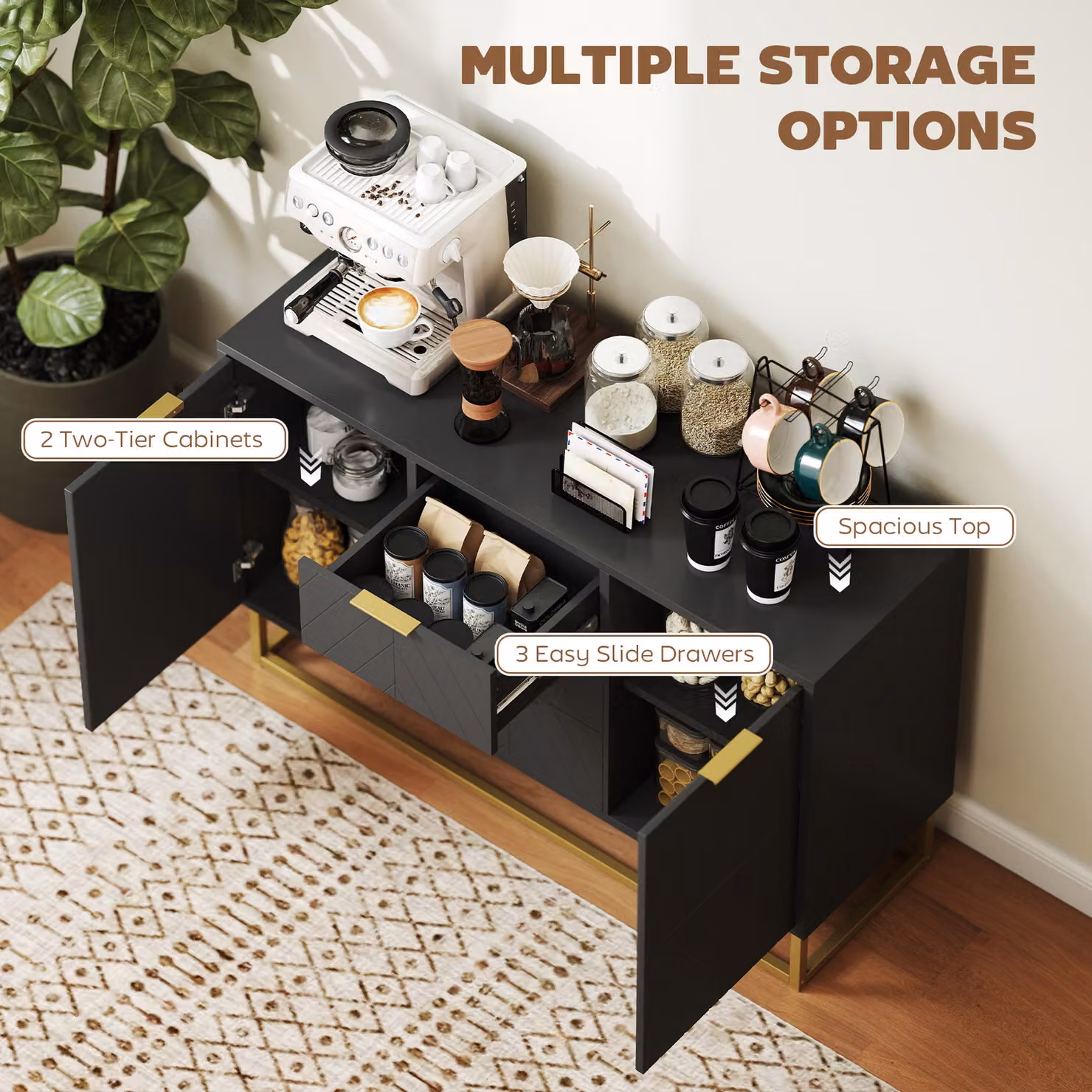 HOMCOM Modern Black Sideboard with 3 Drawers and Adjustable Shelves for your Living Room or Kitchen – 5
