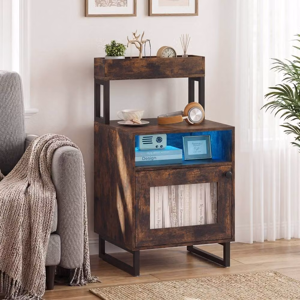 Costway Modern Brown Nightstand and End Table with Integrated Lighting – 3