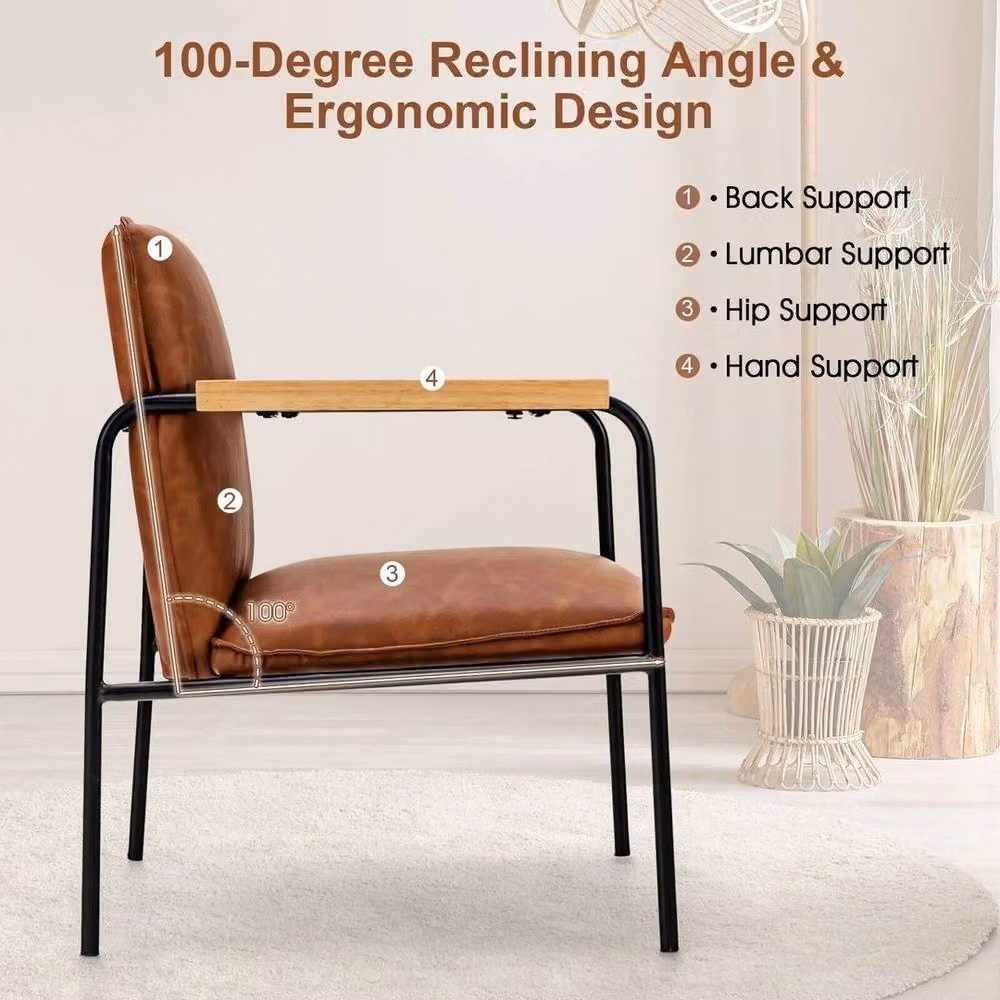 Kelvenix Brown PU Leather Accent Chair with Armrests and Metal Frame – 3