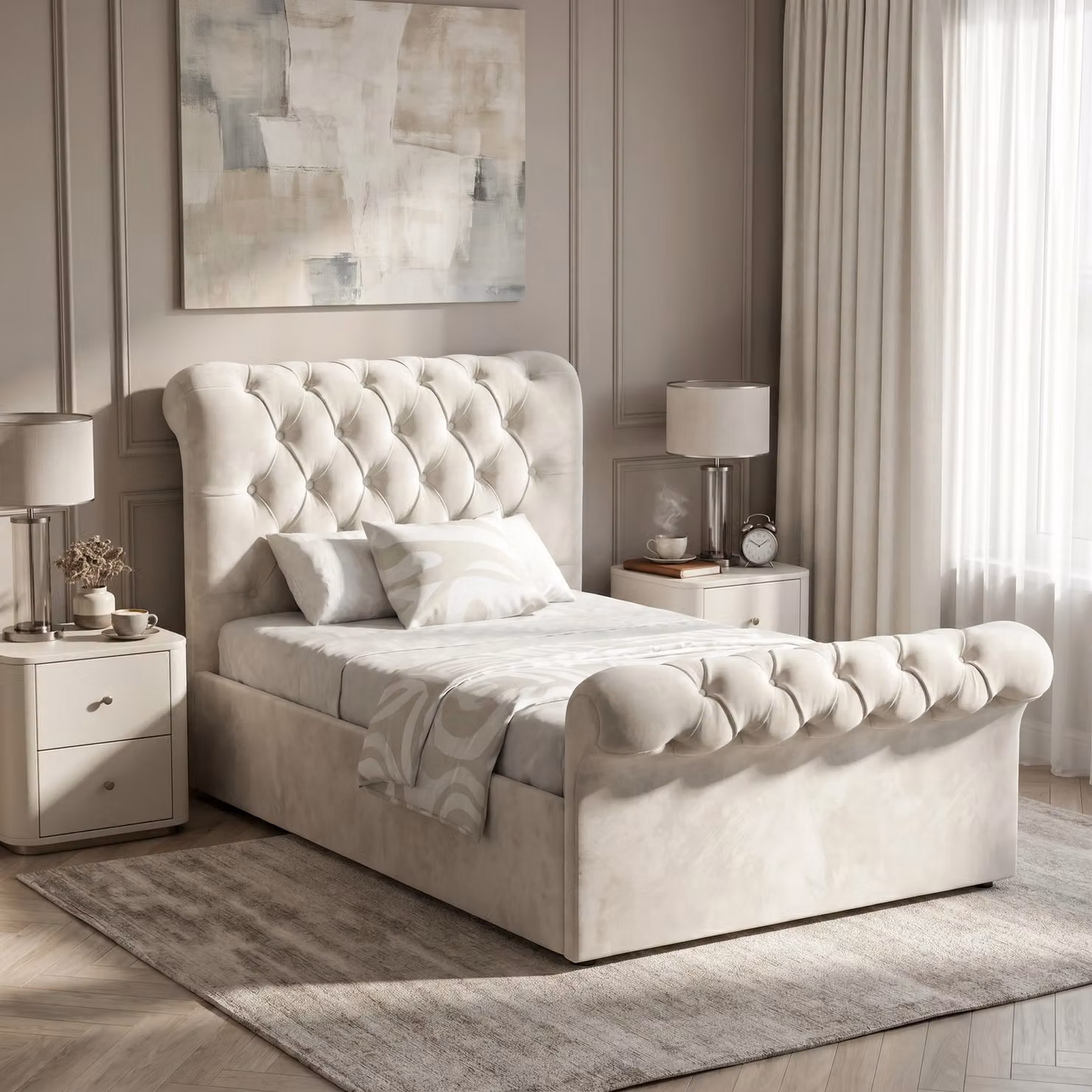 DHS Chesterfield Single Ottoman Storage Bed Frame in Beige Velvet, W/D/H: 90 x 190 cm