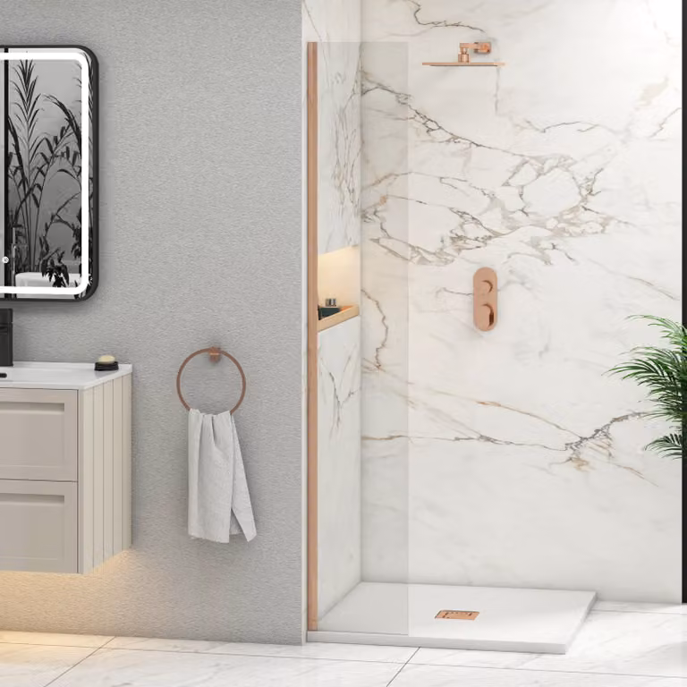 Royal Bathrooms Marbella Walk In Wet Room Shower Screen, Brushed Bronze, Clear 8mm Easy Clean Glass, W: 30 cm, D: 30 cm