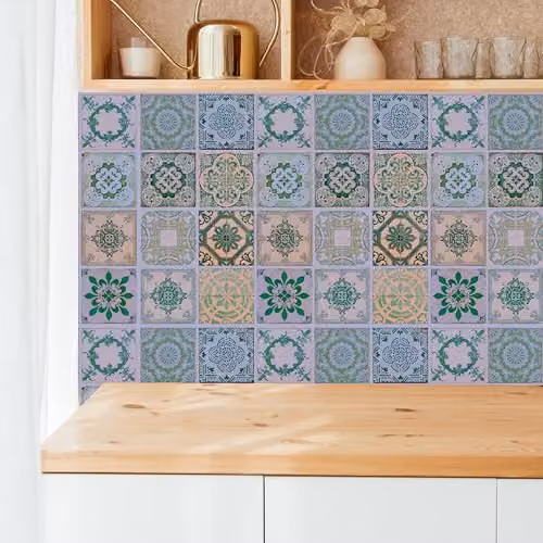 WALPLUS Vintage Green Antique Azulejo Tile Stickers, 24 Pack Geometric Square Self Adhesive Waterproof Decals, 15 x 15 cm – 2