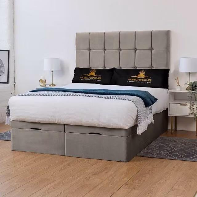 UK Bed Furniture Florence Ottoman Storage Bed with End Lift and 54 Inch Headboard in Light Beige, Size: Super King, W/D/H: 200 x 200 x 137.16 cm – 1