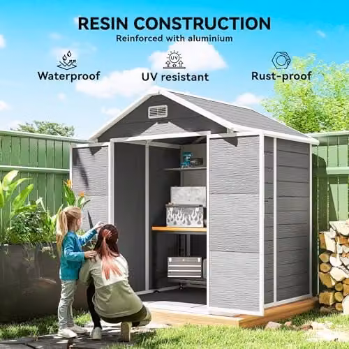 Outsunny Grey Resin Garden Shed with Double Doors, Window and Floor, W/D/H: 182 x 151 x 219 cm – 3